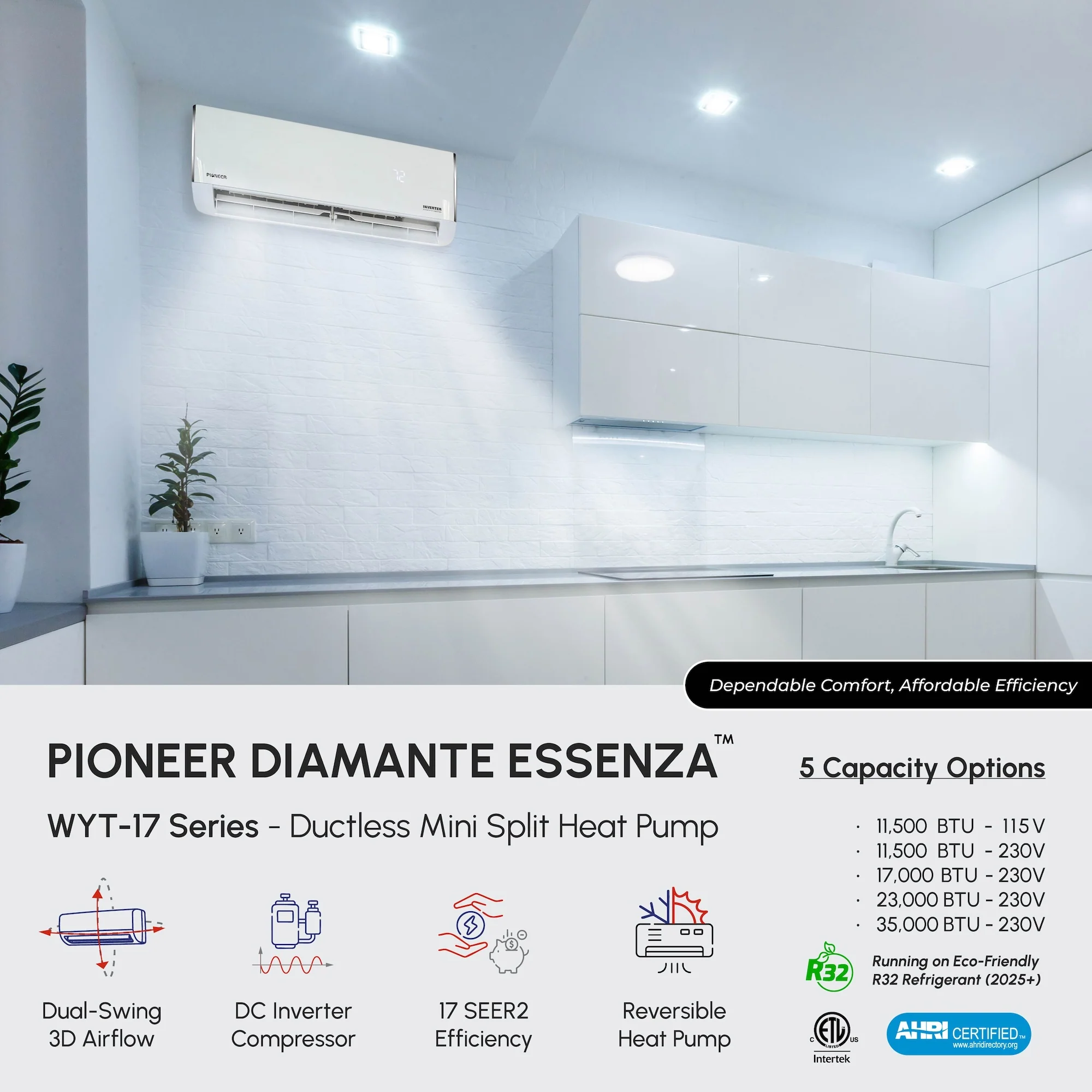 Pioneer® Diamante Essenza™ 35,000 BTU 17 SEER2 230V High-Wall Ductless Mini-Split Air Conditioner Inverter Heat Pump with 16 Ft. Kit - Image 4